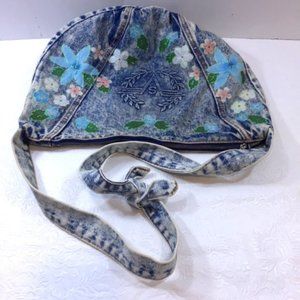 Floral Applique Glitter Denim Jean Crossbody Shoulder Bag Handmade